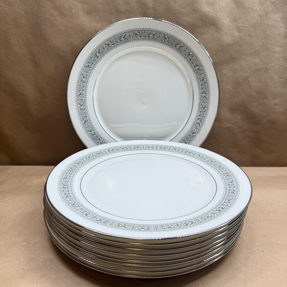 Lenox Oxford Bone China Filigree Dinner Plates Set of 9 Platinum Trim Grey White